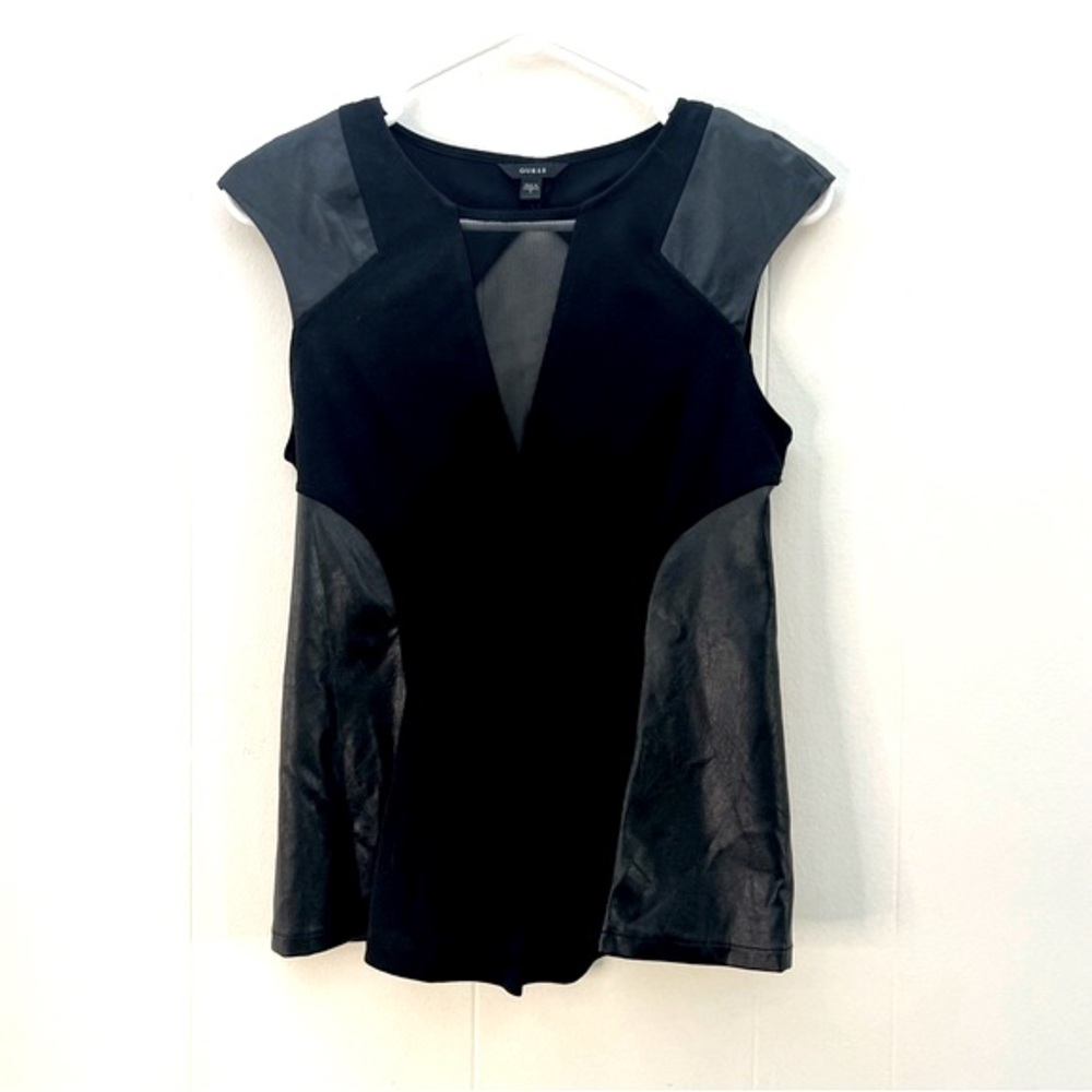 GUESS Black Sheer Mesh Faux Leather Peplum Top Size Small